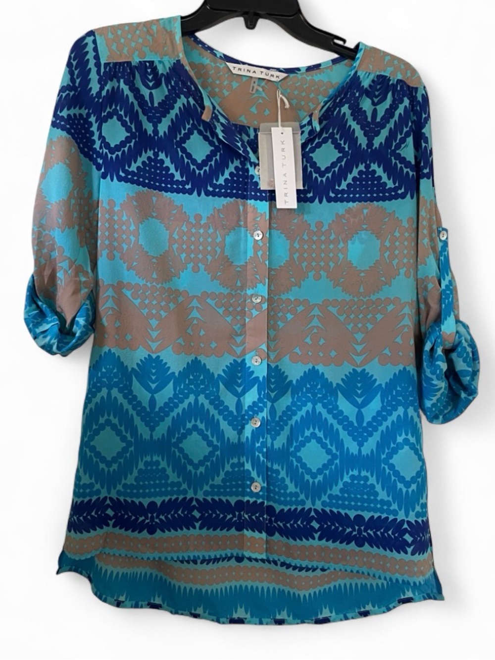 NWT Trina Turk Blue Silk Button Up Blouse Womens Size Small